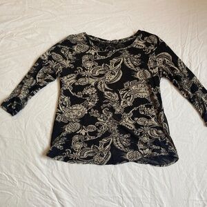 LUCKY BRAND TOP Bold Paisley Tee, Rounded Neck, 3/4 sleeve, size S, Black